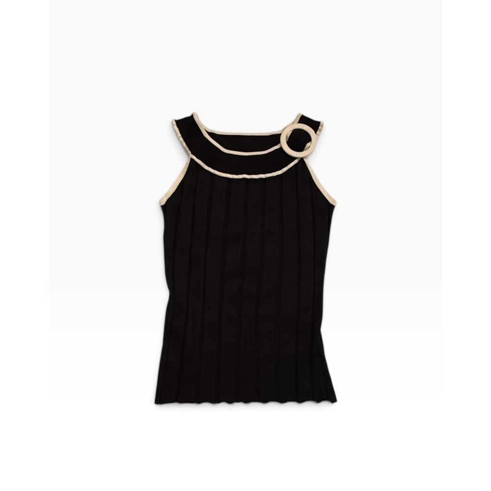 Vintage Y2K Cache Black Silk Blend Ribbed Tank Top Cream Trim Size L Minimalist